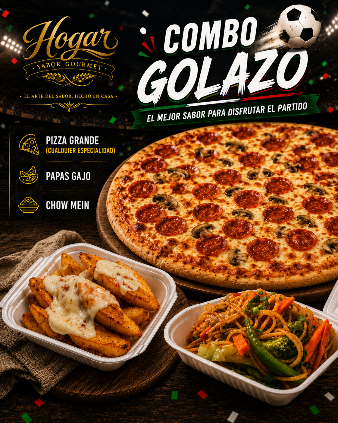 Pizza grande + Papas Gajo + Chow Mein