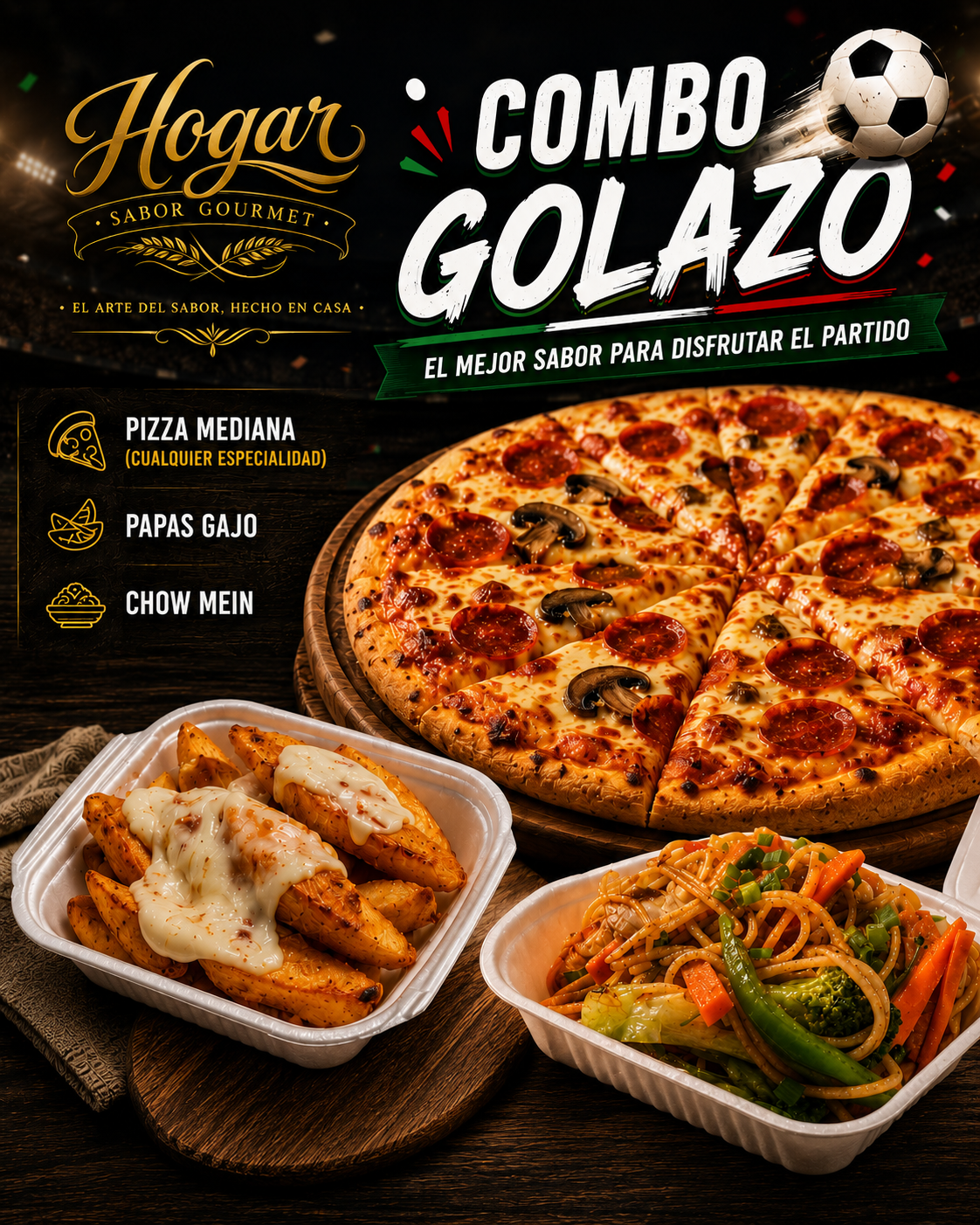 Pizza mediana + Papas Gajo + Chow Mein